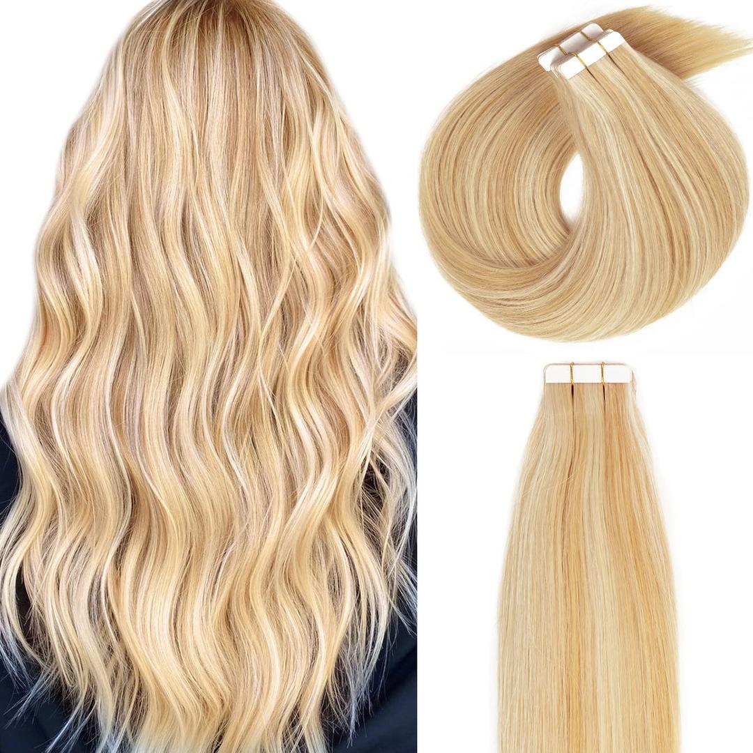 Loxxy Tape In Hair Extensions Piano Light Golden Brown Mixed With Platinum Blonde Real Remy Human Hair Tape ins Straight Double Sided Skin Weft Thick End 20pcs 50g 18Inch