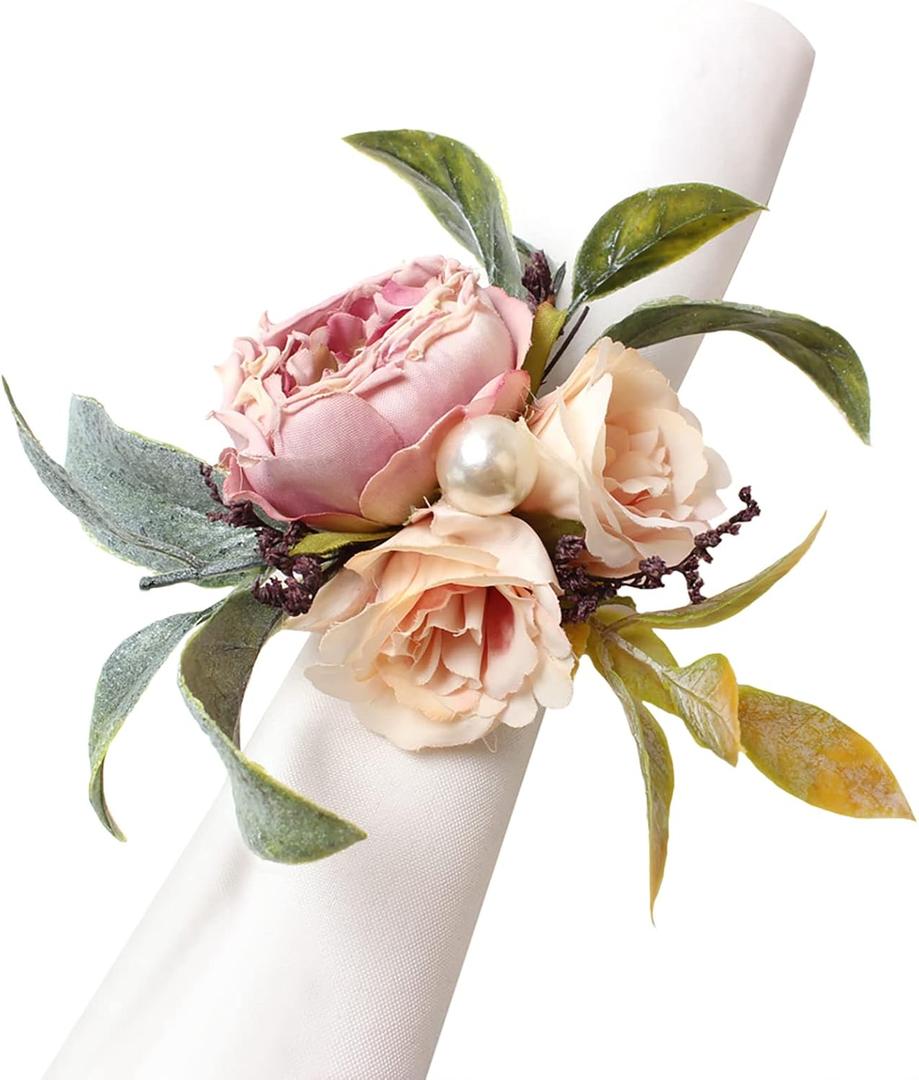 Handcraft Flower Napkin Rings Set of 6, Pink Peony Flowers Napkin Holders Floral Napkin Buckles Table Decorations for Wedding Banquet Birthday Party