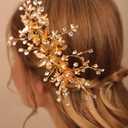 Jumwrit Bridal Hair Comb Rhinestone Crystal Headpiece Handmade Flower Leaves Pearl Hair Comb for Bride Bridesmaid Wedding Hair Accessories for Women GirlsGold