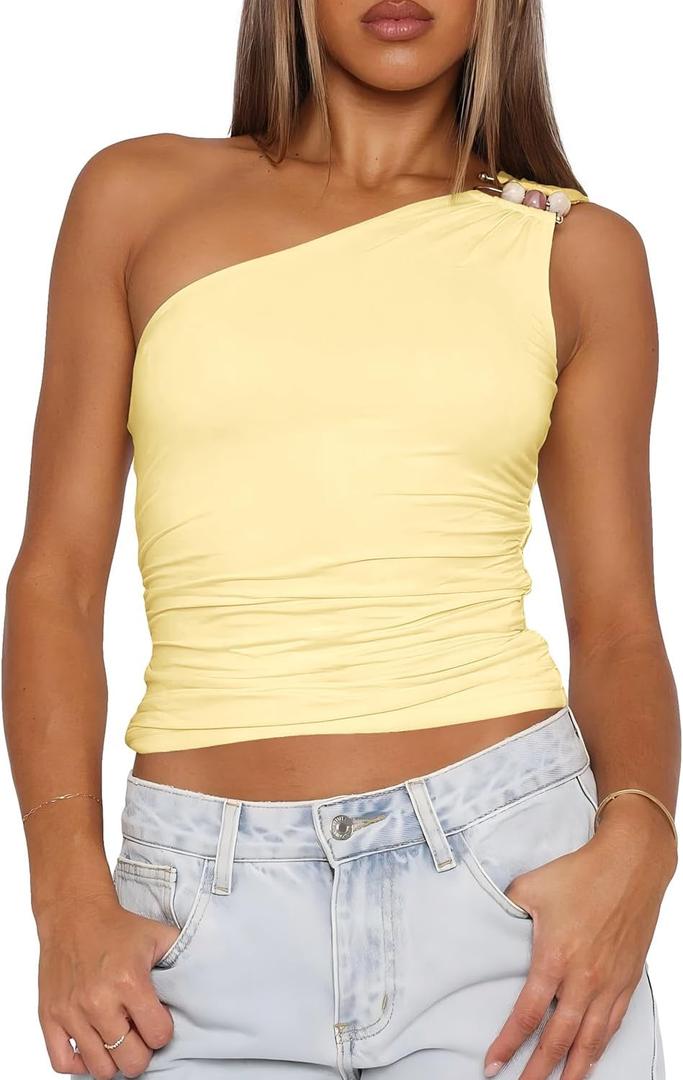 BAIGRAM Women Sleeveless Y2K Beaded Buckle One Shoulder Crop Tank Tops Asymmetric Ruched Slim Fit Summer Boho Going Out Tops Yellow (M)