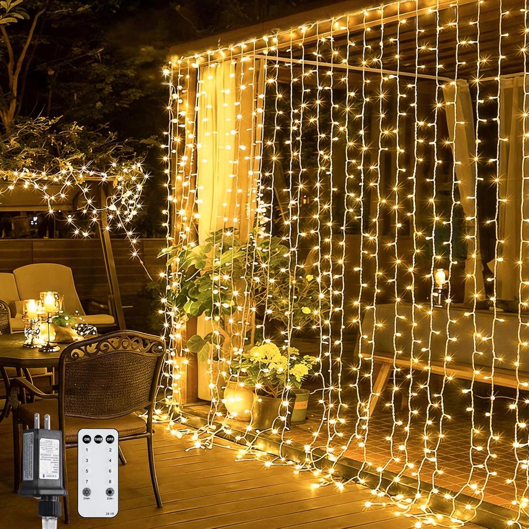 JMEXSUSS 300 LED Remote Control Curtain Lights, Plug in Fairy Curtain Lights Outdoor, Wall Hanging String Lights Indoor for Bedroom Window Dorm Backdrop Wedding Party Patio Christmas Decor, Warm White