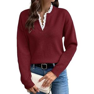 V Neck Sweaters for Women, Long Sleeve Lace Trim Knit Sweater Fall Casual Lightweight Pullover Top M Wine Red, M