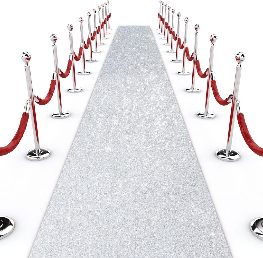 Shihanee Sequin Aisle Runner for Wedding Glitter Rug with Carpet Tape Sparkly Prom Outdoor Floor Birthday Carpet Runner for Ceremony Event Graduation Party (2 x 15 ft, Silver)