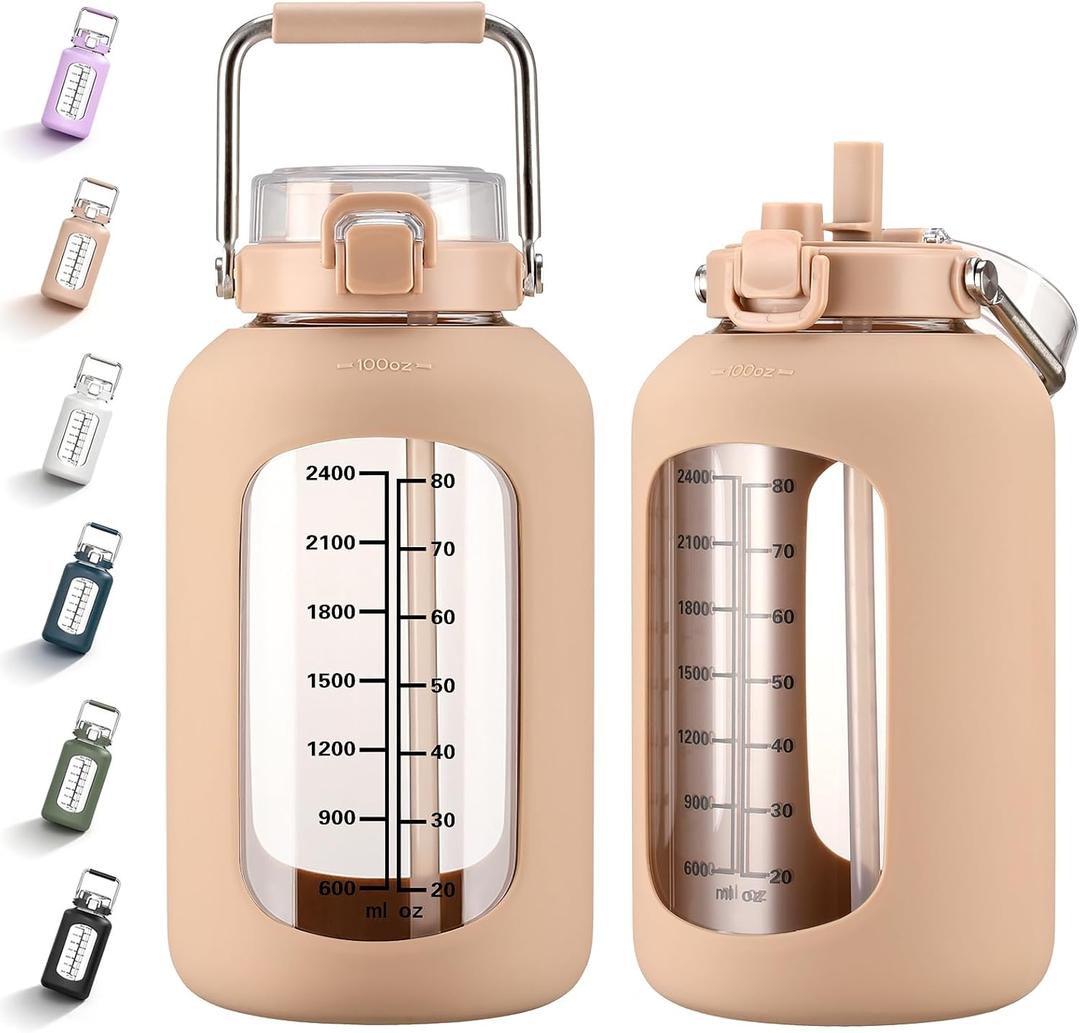 MUKOKO 100oz Glass Water Bottle with Time Marker and Silicone Sleeve 3L Large Water Jug with Stainless Steel Handle Gallon Drinking Bottle with 2-in-1 Lid Wide Mouth BPA Free, Amber
