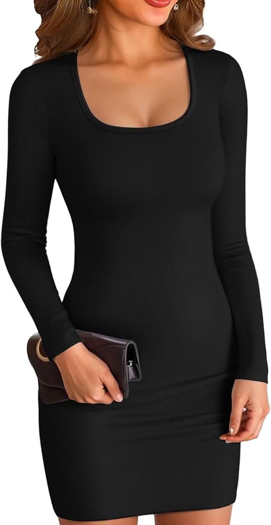 VICHYIE Women Square Neck Ribbed Bodycon Tight Dress Long Sleeve Mid Thigh Pencil Above Knee Dresses Small