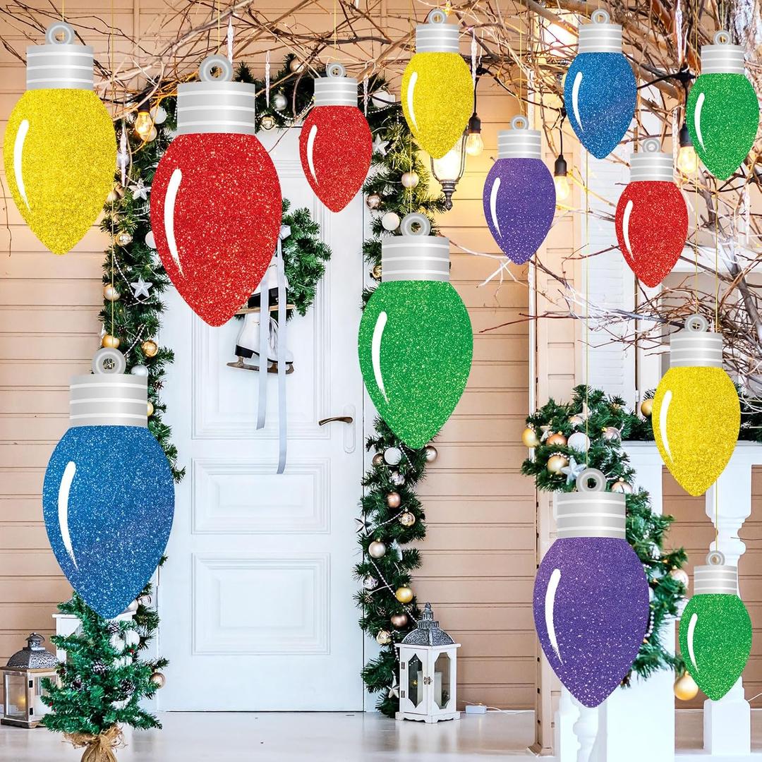 Wonderjune 15 Pcs Large Outdoor Light Bulbs Christmas Hanging Decorations Include 5 Pcs 11.8 Inch Plastic Xmas Lawn Hanging Ornaments 10 Pcs 7.9 Inch Holiday Yard Signs for Tree Porch Yard Decor
