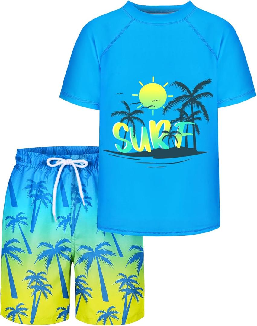 Boys Two Piece Rash Guard Swimsuits Sets Kids Short Sleeve Swimsuits Bathing Suit with Swim Trunks Swimwear Set (12-14 Years, Yellow & Blue)