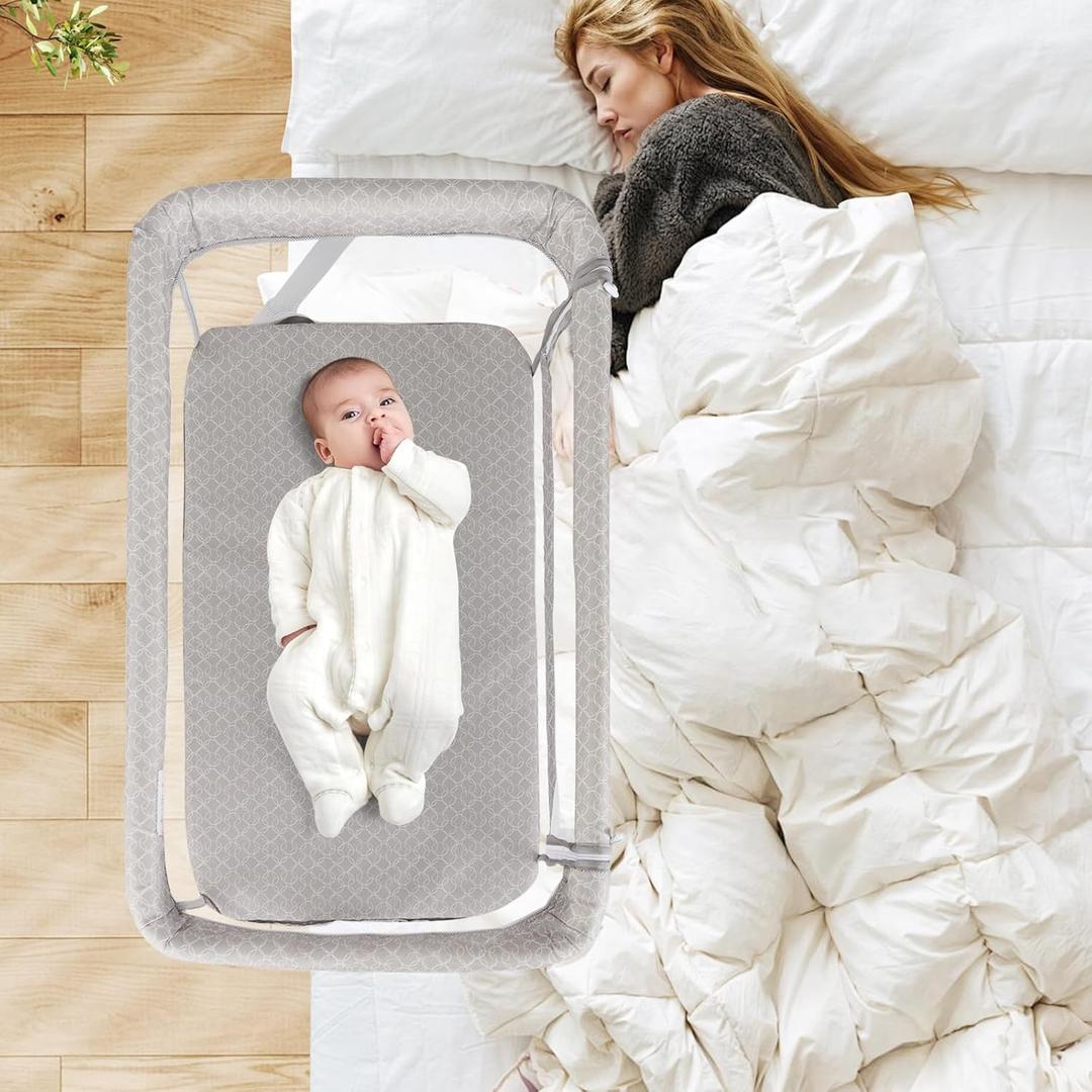 INFANS Over Bed Bassinet for Baby, Bedside Sleeper with Lowering Wall for Easy Access, Safe Close Sleeping, Adjustable Height, Storage, Newborn Infant Girls Boys (Beige)