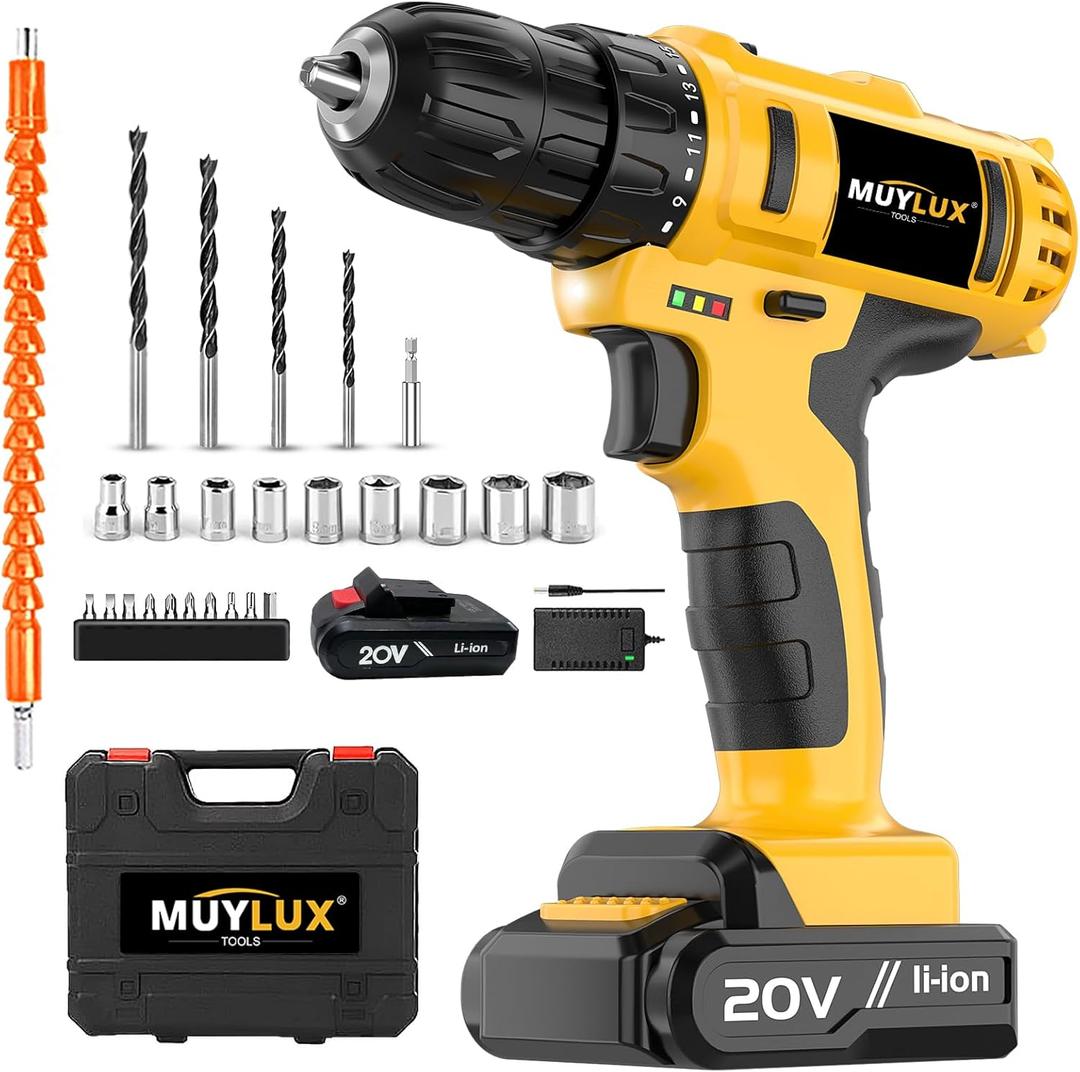 3/8 Drill Handheld Drills Kit with 18+1 Torque Setting, 20V Cordless Drill Sets, Electric Screwdriver Tools Kit, LED Electric Power Drills Sets with Battery and Charger, 1 Battery