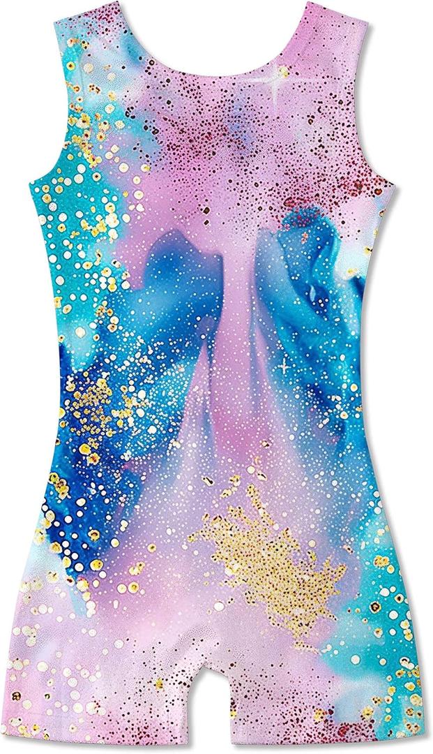 Funnycokid Girls Gymnastics Leotards with Shorts Sparkle Dance Unitards Mermaid Active Biketards 2-10 Years (4-5T, Diamond Blue Pink)