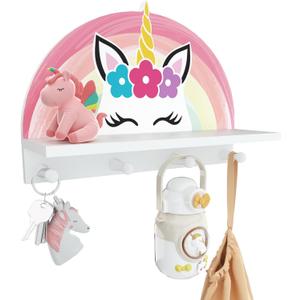 Garybank Unicorn Wall Shelf Decor for Girls Bedroom, Rainbow Decoration Kids Coat Rack with Hooks, Floating Stand Wall Mounted Kids Coat Rack Decor for Girls Bedroom, Wooden Peg Shelf for Clothes