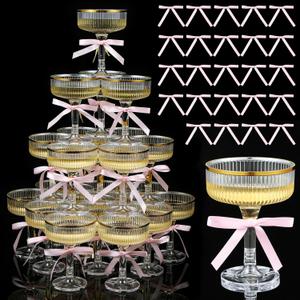 Set of 24 Plastic Champagne Coupe Glasses with Bow 7 oz Gold Champagne Tower Set Stackable Acrylic Ribbed Martini Glasses Cocktail Coupe Cup for Wedding Birthday Party Bar(Bowknot,Pink)