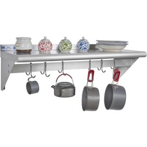 HALLY Stainless Steel Shelf with 6 Hooks 12" x 36" Wall Mounted Pot Rack, NSF Commercial Floating Shelving for Storage Hanging Pots, Pans, cookware in Restaurant, Kitchen, Home and Hotel