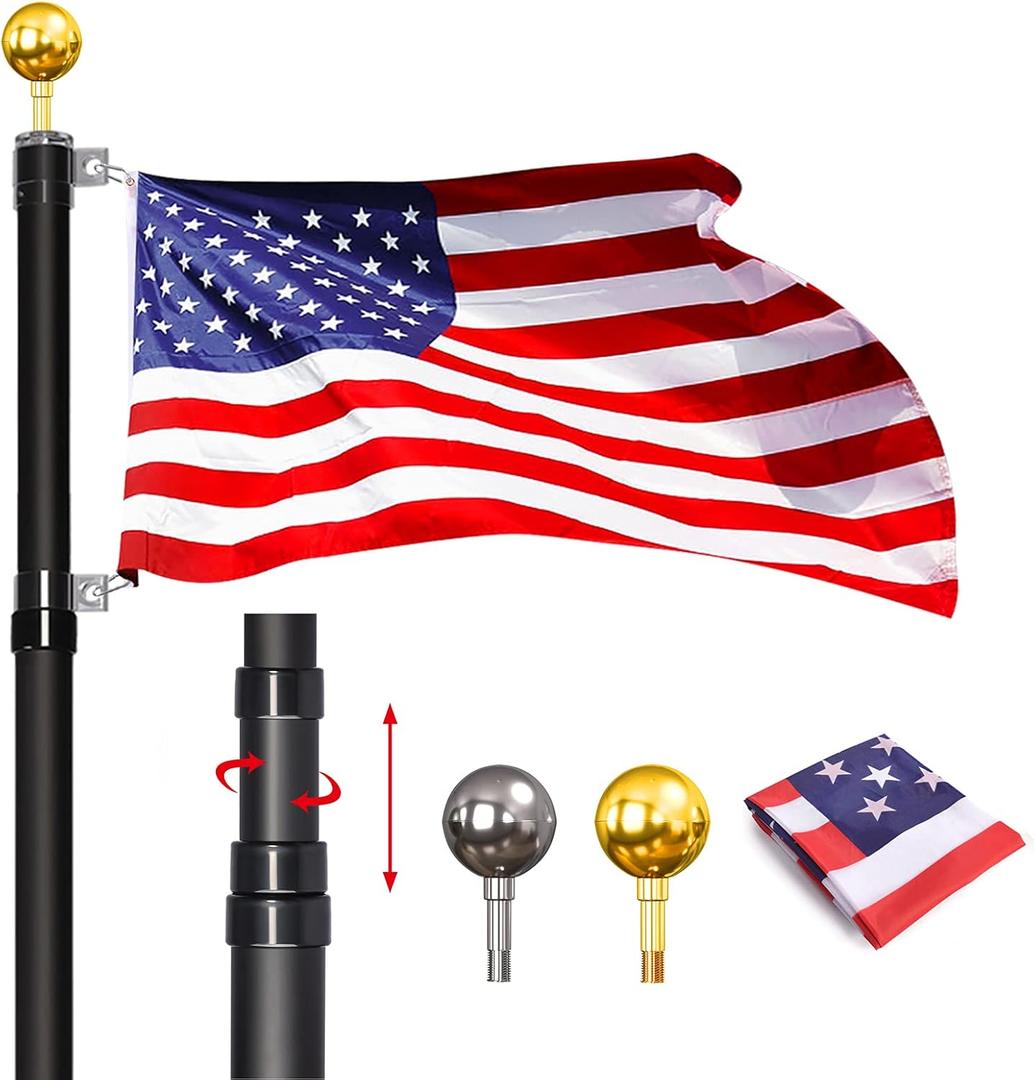 16FT Telescoping Flag Pole Kit, 14 Gauge Heavy Duty In Ground Telescopic Flag Poles with 3x5 American Flag, Outdoor Old Glory Flagpole Kits for Outside, Yard, Residential or Commercial (Black)
