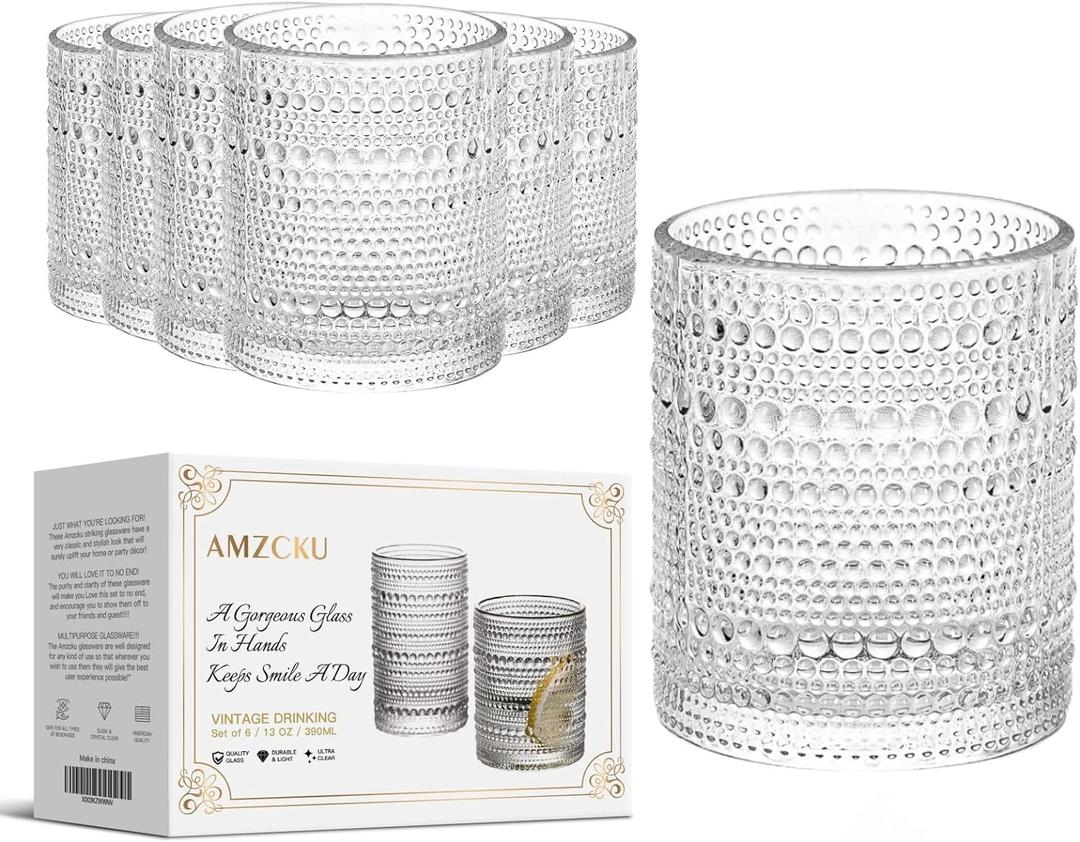 Amzcku Vintage Drinking Glass Set of 6 Kitchen Glasses Cup13 OZfor WaterCocktailMilkJuice and Beverage.