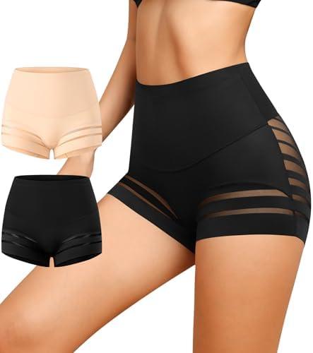 ASIMOON Tummy Control Boyshorts Underwear for Women Stretch High Waisted Shapewear Sexy Mesh No Show Panties for Ladies, S, 2 Pack
