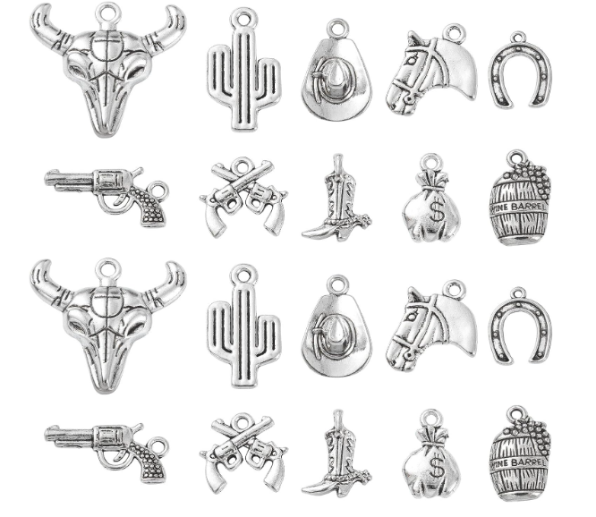 100pcs Western Charms Antique Silver Cowboy Boot Hat Horse Cactus Charms for Jewelry Making Bracelets Bulk