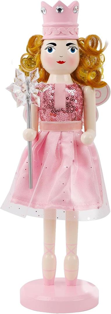 Joliyoou Christmas Nutcracker Figures, 12 Inch Wooden Nutcracker Pink Fairy Queen Holding A Snowflake Wand, Xmas Nutcracker Mantel Ornaments Tabletop Centerpieces Festival Shelves Decorations