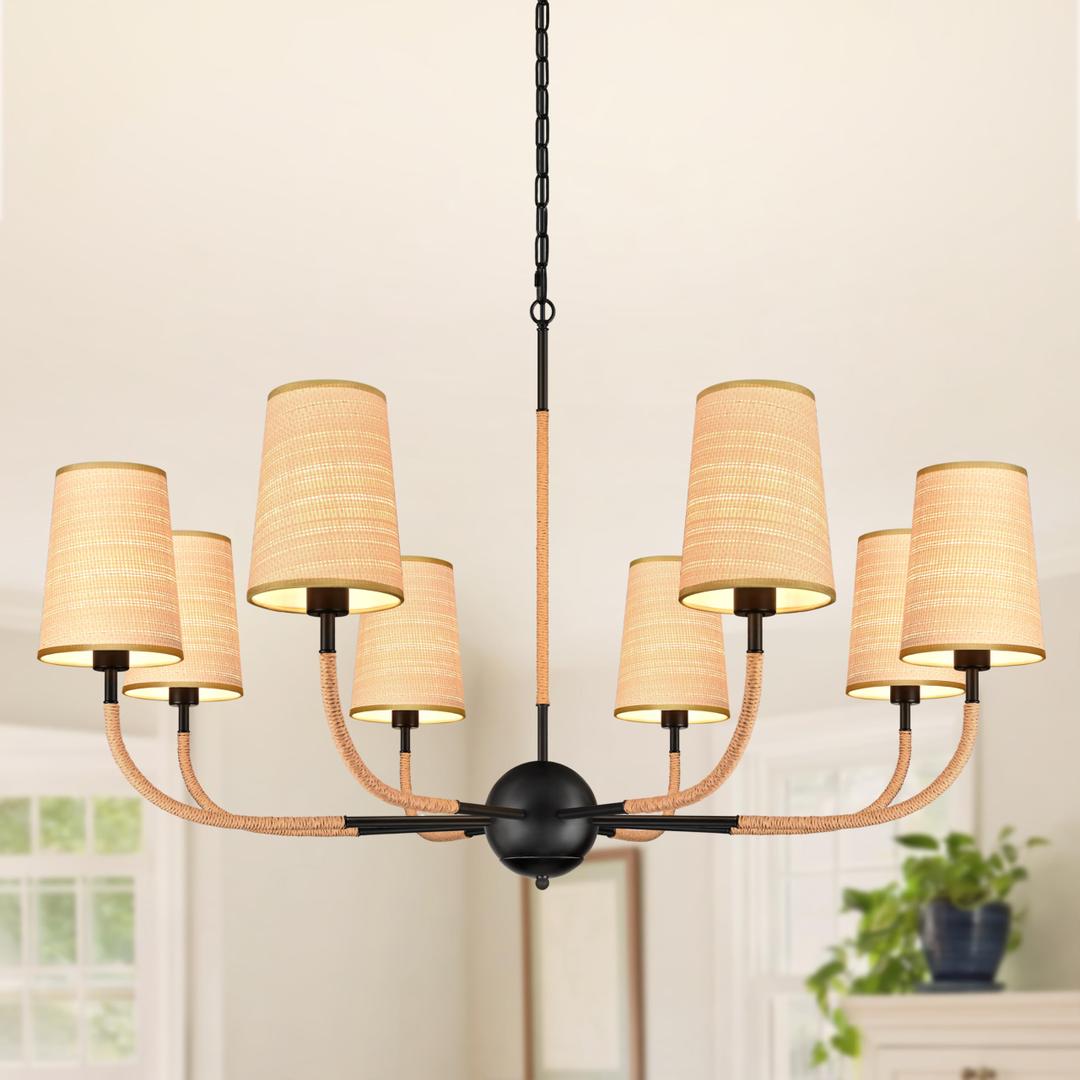 AyshwillDec 39" Black Boho Rattan Chandelier for Living Room 8-Light Large Coastal Boho Pendant Light Fixture Bedroom Adjustable Rustic Farmhouse Chandeliers for Dining Room Kitchen Island Foyer