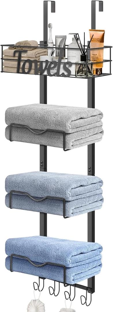 HarJue Over The Door Towel Racks, No Drill Towel Storage with Basket & Hooks, SpaceSaving MultiFunctional Towel Holder for Bathrooms, bedrooms, Apartments, RVs (Matte Black, 5 Tier)