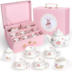 Porcelain Tea Set for Girls, Tea Party Set for Little Girls, Kids Tea Set Kitchen Pretend Play, Princess Tea Time Playset with Teapot Cups Carry Case, Toddler Girl Toys Birthday Gifts Age 3+