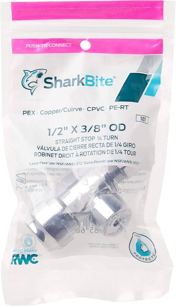 SharkBite 1/2 x 3/8 Inch Compression Straight Stop Valve, Quarter Turn, Push to Connect Brass Plumbing Fitting, PEX Pipe, Copper, CPVC, PE-RT, HDPE, 23037-0000LF