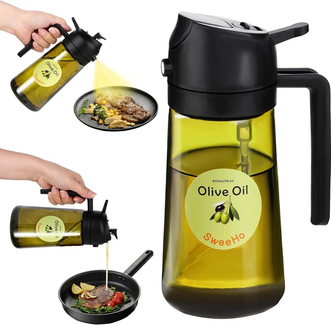 Oil Sprayer for Cooking,470ml Cooking Olive Oil Sprayer and Oil Dispenser 2 In 1, Food-grade Glass Oil Spray Bottle Mister for Air Fryer, BBQ, Griddle (Black+dark green glass and color label)