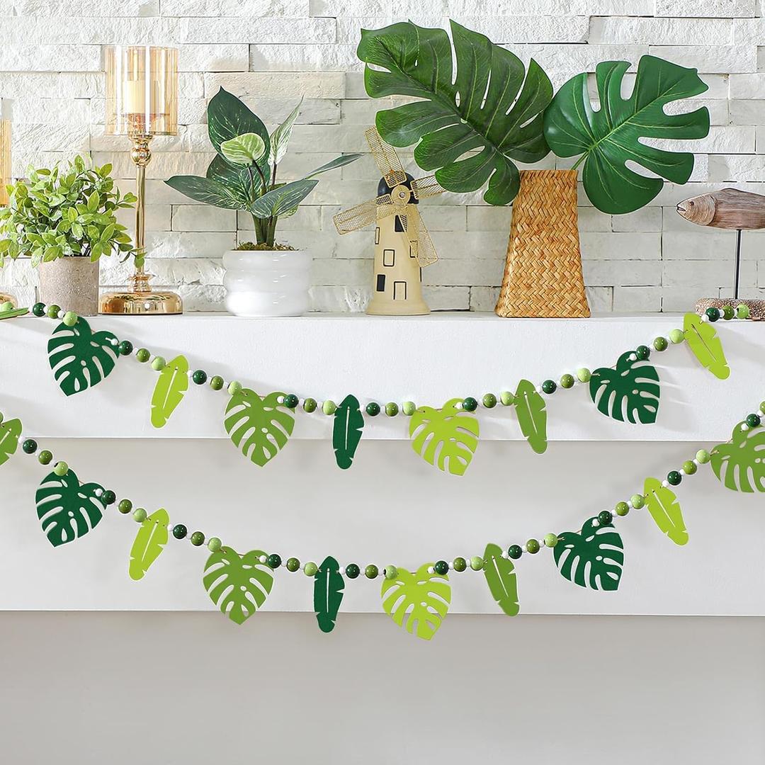 Chunful 2 Pcs Tropical Monstera Garland 6.56 ft Wood Palm Leaf Beads Banner Summer Hanging Garland for Hawaiian Luau Jungle Party Wall Fireplace Shelf Mantle Display Farmhouse Decor Home Supplies