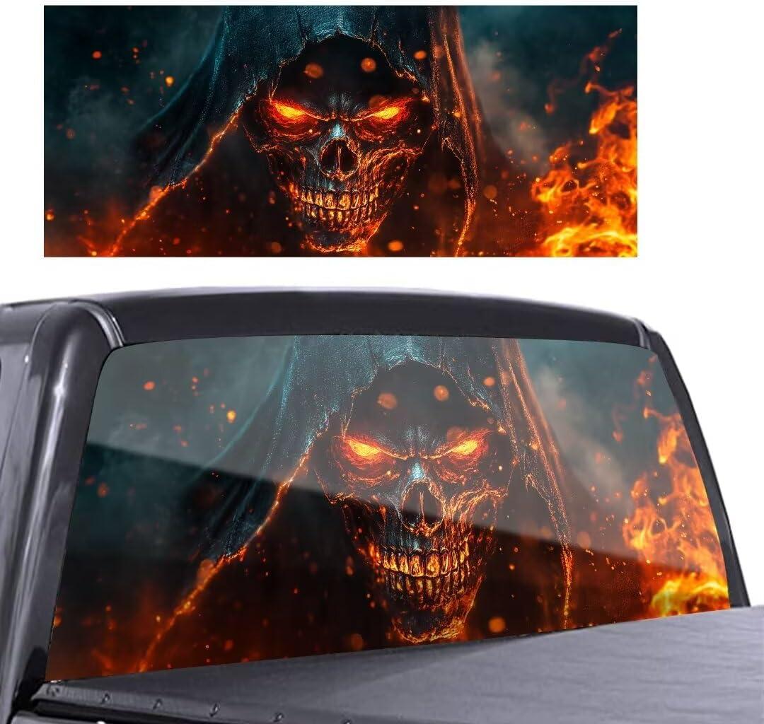 Grim Reaper Back Window Decals for Trucks, Skull Perforated Window Film Decal for Rear Window, Scratch Hidden Car Stickers, Halloween Car Decoration, 66"X 20"