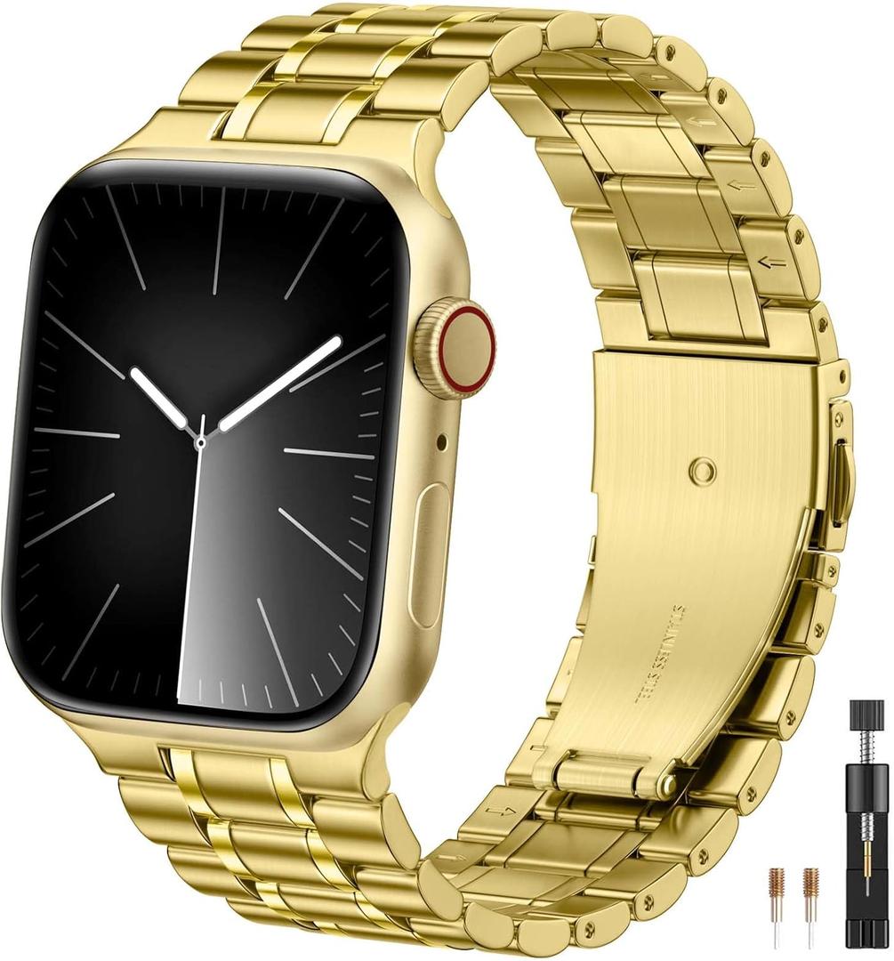 Compatible with Metal Apple Watch Bands for Men Women 46mm 45mm 49mm 44mm 42mm 41mm 40mm 38mm, Stainless Steel Strap for iWatch Bands for Men Series 11 10 9 8 7 6 5 4 3 2 1 SE Ultra 2 3 (Gold)