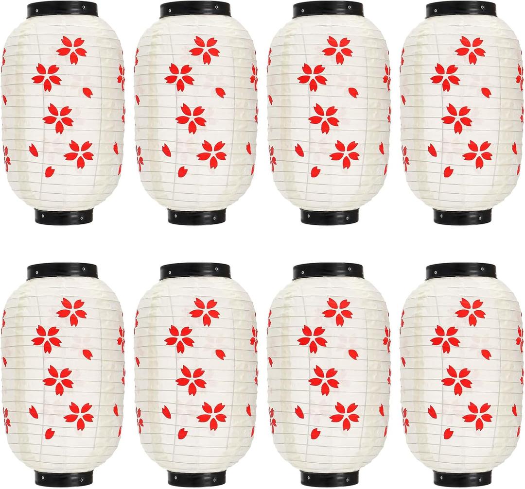8 Pack Traditional Japanese Style Lantern, 14" x 8" Beige Cherry Blossom Lanterns, Waterproof Outdoor Festival Lantern with Hook, Decorative Hanging Lamp for Wedding Party Garden Restaurant