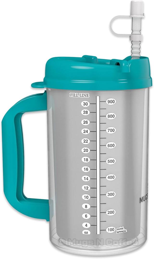 32 oz Double Wall Insulated Hospital Mug - Cold Drink Mug - Large Carry Handle - Includes Straw (1, Teal)
