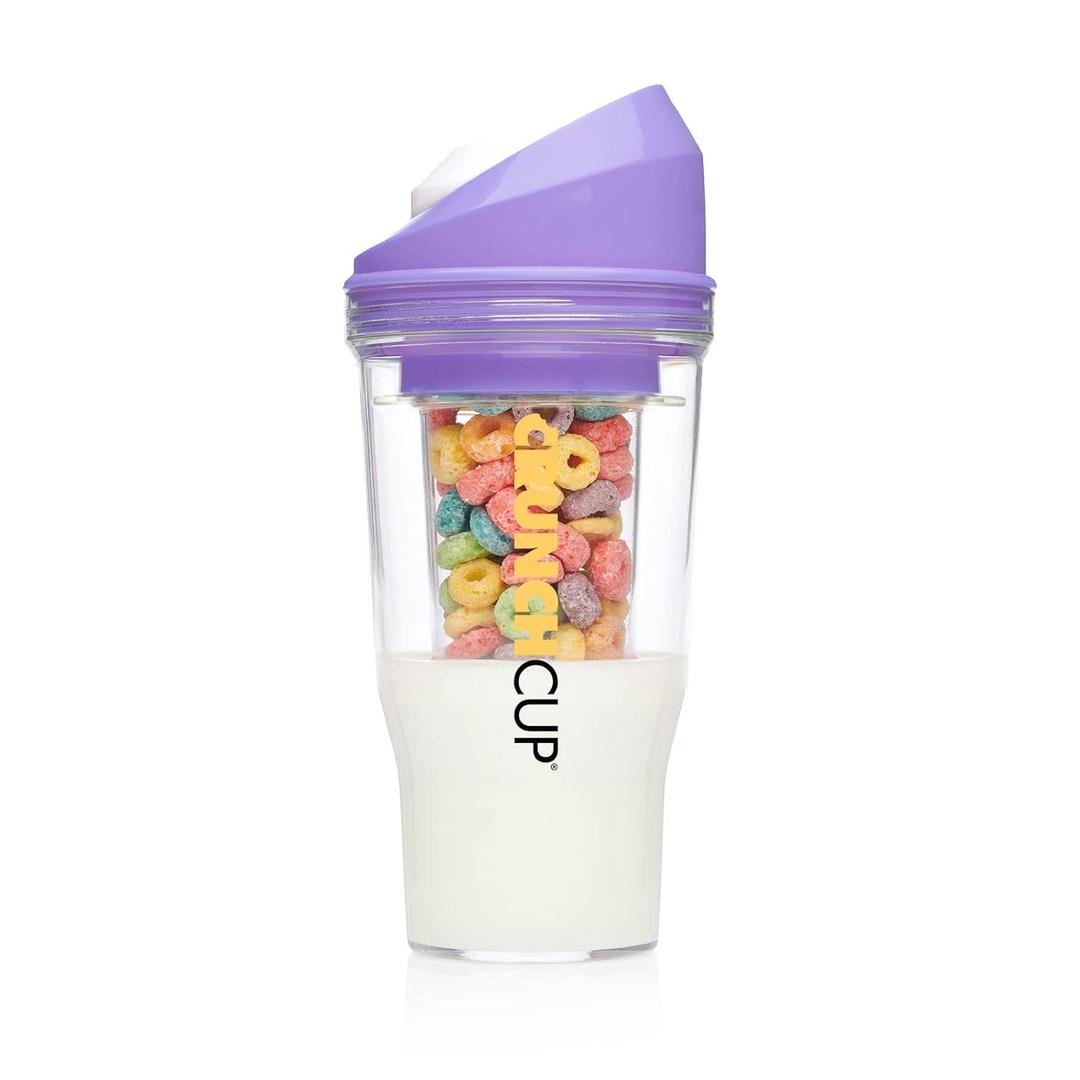 CRUNCHCUP XL Purple - Portable Plastic Cereal Cups for Breakfast On the Go, To Go Cereal and Milk Container for your favorite Breakfast Cereals, No Spoon or Bowl Required