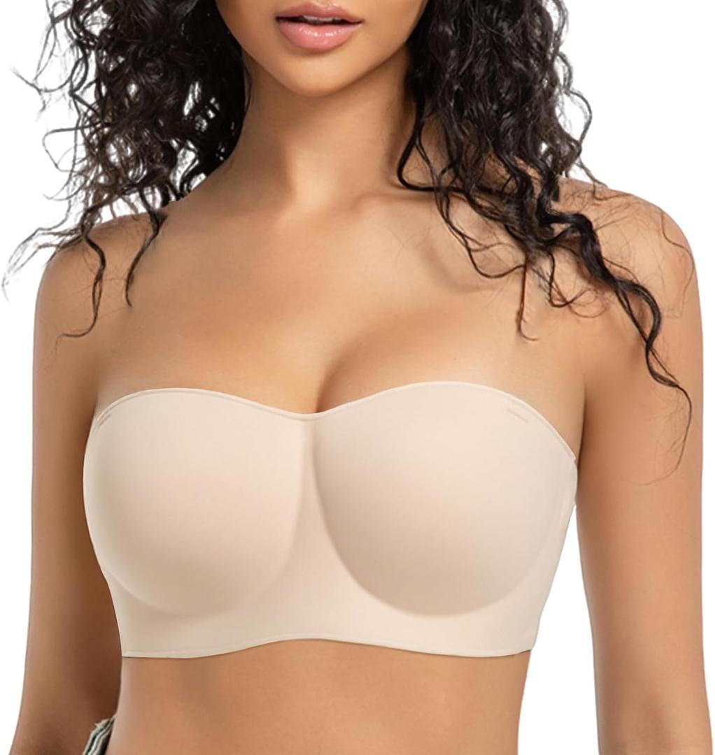 KUTECOMBO Wireless Strapless Bras for Women Smooth Non-Slip Convertible Bandeau Bra(Beige, 40D)