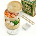 Prime Home Direct Bamboo Steamer Basket 10-Inch | 2-Tier Steamer for Cooking | 50 Liners, Chopsticks, Sauce Dish | Steaming Asian Food, Bao Buns, Chinese, Dim Sum, Dumpling, Rice, Vegetable Steam Pot