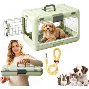 Foldable Hard Cat Carrier, Transparent Pet Crate for Cats & Small Dogs, Collapsible Travel Kennel with Ventilation & Urine Pad Mesh Grid, Portable Travel cage, Essential for pet Travel, Green