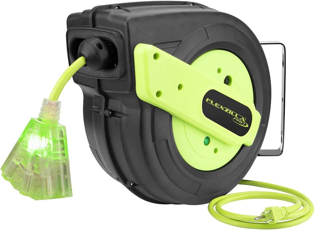 Flexzilla Retractable Extension Cord Reel, 12/3 AWG SJTOW Cord, 60', Grounded Triple Tap Outlet, ZillaGreen, FZ8120603 (8 x 15.75 x 13.25 inches)