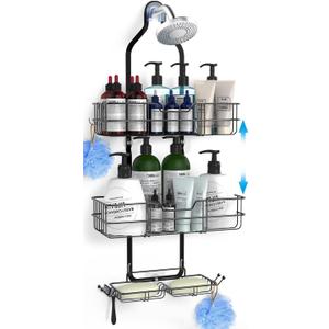Hanging Over the Shower Head Caddy,Height Adjustable Rustproof Bathroom Organizer Shelf with Soap & Shampoo Holder, Black