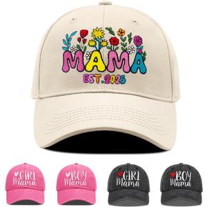 Embroidered Mama Hat for Women, for Mom, Boy Mama Girl Mama Adjustable Washed Cotton Baseball Cap (Beige)