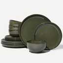 Pokini Santorini Mist Terracotta Reactive Glaze Plates and Bowls Sets, Stoneware Dinnerware Sets, Microwave and Dishwasher Safe Ceramic Dish Set Service for 4, Blackish Green