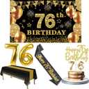 76th Birthday Decorations Men Women with 76th Birthday Banner, Black and Gold Table Cloth, Number Balloons, Sash, Cake Topper and Candles