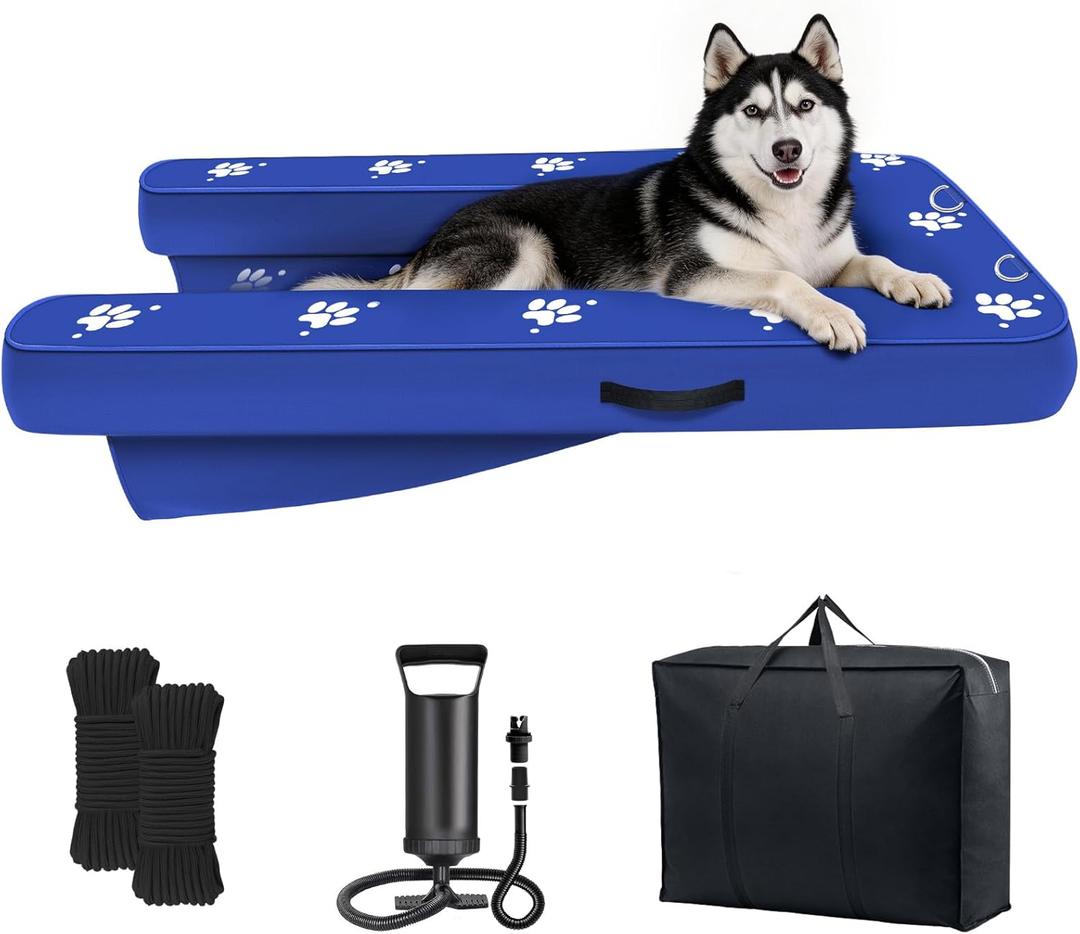 Inflatable Dock Platform, Dog Boat Ramp Floating Non-Slip Oxford and PVC with Lagre Water Ramp for Dogs Pool, Dock, Lake with Traction Rope, Manual Air Pump (4.6ft x 3ft x 6in) L04