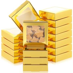 Zonon 30 Pcs Kraft Paper Boxes with Window 4.13 x 4.13 x 1.18 Inch Candy Packaging, Small Gift Boxes, Soap holder, Mini Treat Packaging for Bakery Chocolate Jewelry Display (Gold)