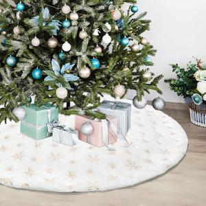 Dremisland Christmas Tree Skirt, 48" Large White&Gold Luxury Faux Fur Tree Skirt with Snowflakes Super Soft Thick Plush Tree Skirt for Xmas Tree Decoration (Golden, 48inch/122cm)