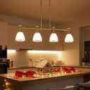 4-Light Island Lights for Kitchen, Gold Modern Farmhouse Pendant Lighting with Conical Milky Glass & Crystal Balls, Adjustable Linear Hanging Chandelier for Dining Room Over Table