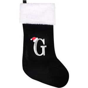 20 Inches Initial Monogram Christmas Stocking Personalized,Deluxe Black Velvet Body with Super Soft Plush Cuff Embroidered Letter,Holiday Season Decor (Black, Letter G)