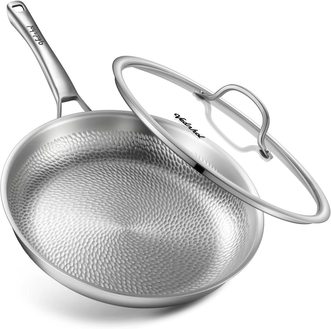 VEDNHOL Titanium Pan, 12 Inch Pure Titanium Hammered Pro frying pan with Lid, Non Toxic Skillet for Cooking, PFAS/PFOA/PTFE Free Cookware, Dishwasher & Oven Safe, Kitchen Induction Compatible