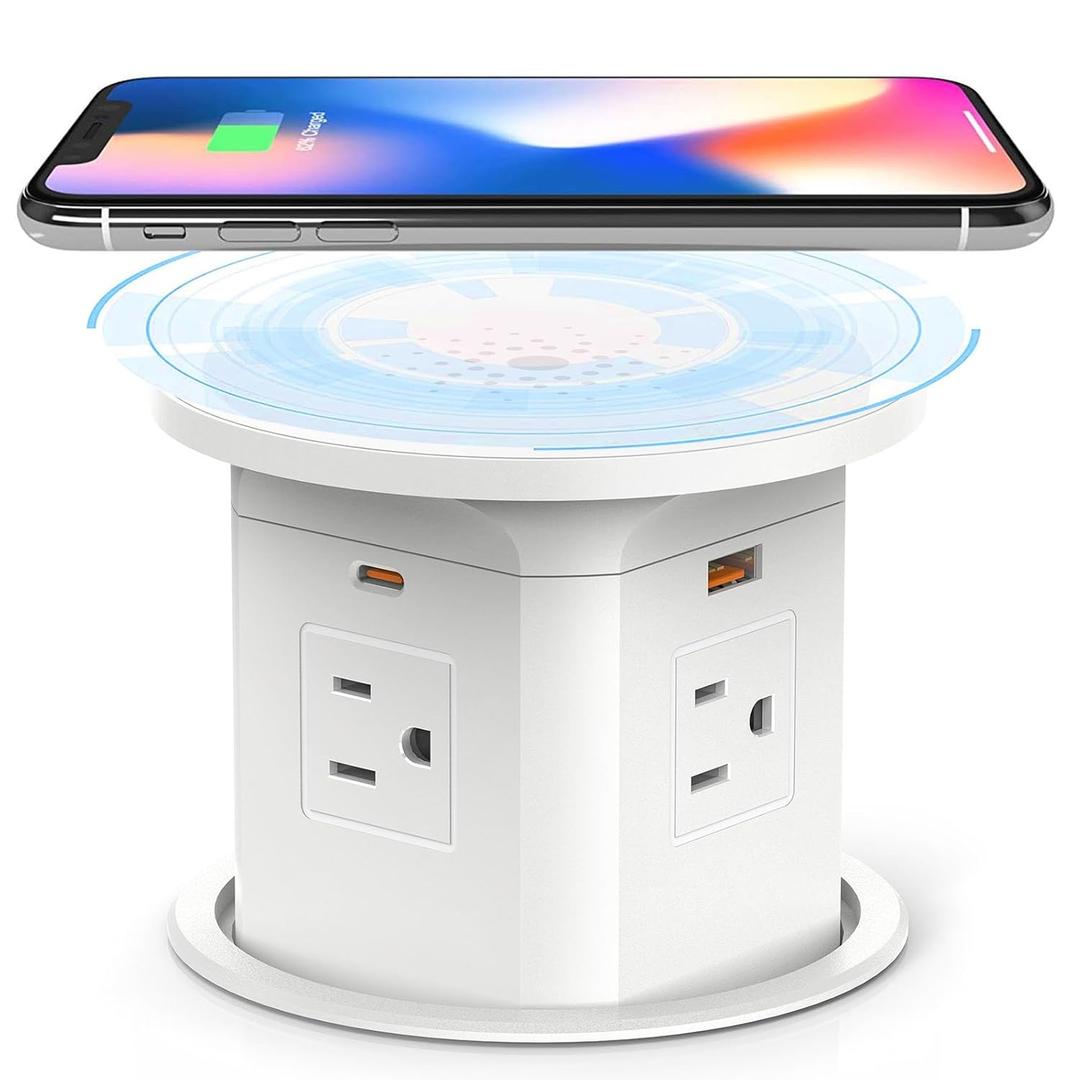 Kungfuking Pop Up Outlet for Countertop Kitchen, 65W USB C Wireless Counter Top Electrical Power Outlet, 15A/1875W Receptacle Charging Station Recessed Popup Plugs for Island Conference Table Office (White)