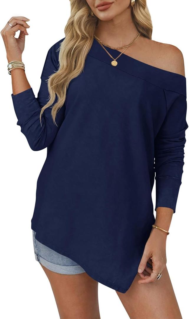 Tankaneo Womens Off The Shoulder Tops Casual Long Sleeve T Shirts Irregular Hem Split Tunics Loose Fall Blouse Shirt (Blue, M)