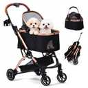 Dog Strollers for Small Dogs and Cats, 3-in-1 Pet Stroller with Removable Carrier, 4 Wheels One-Hand Fold Travel Carriage with Storage, Cup Holder and Car Seat, Black